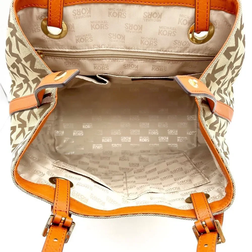 NEW MICHAEL Michael Kors Beige Tan Orange Signature Canvas & Leather Tote Large